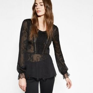 NWT Kooples Lace Ribbon Bodice Corset Peplum Black